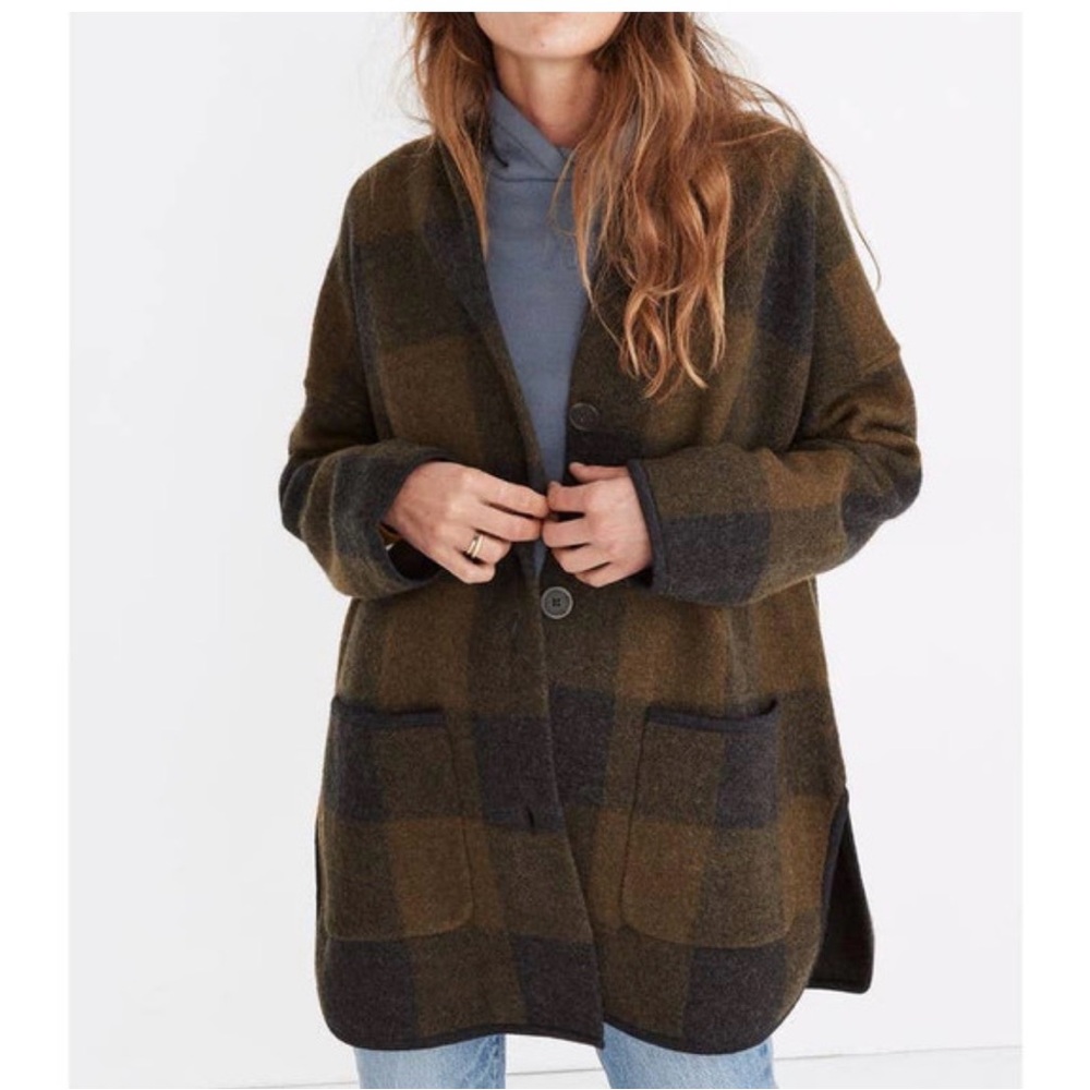Madewell Buffalo Check Sweater Coat Wool Green XS